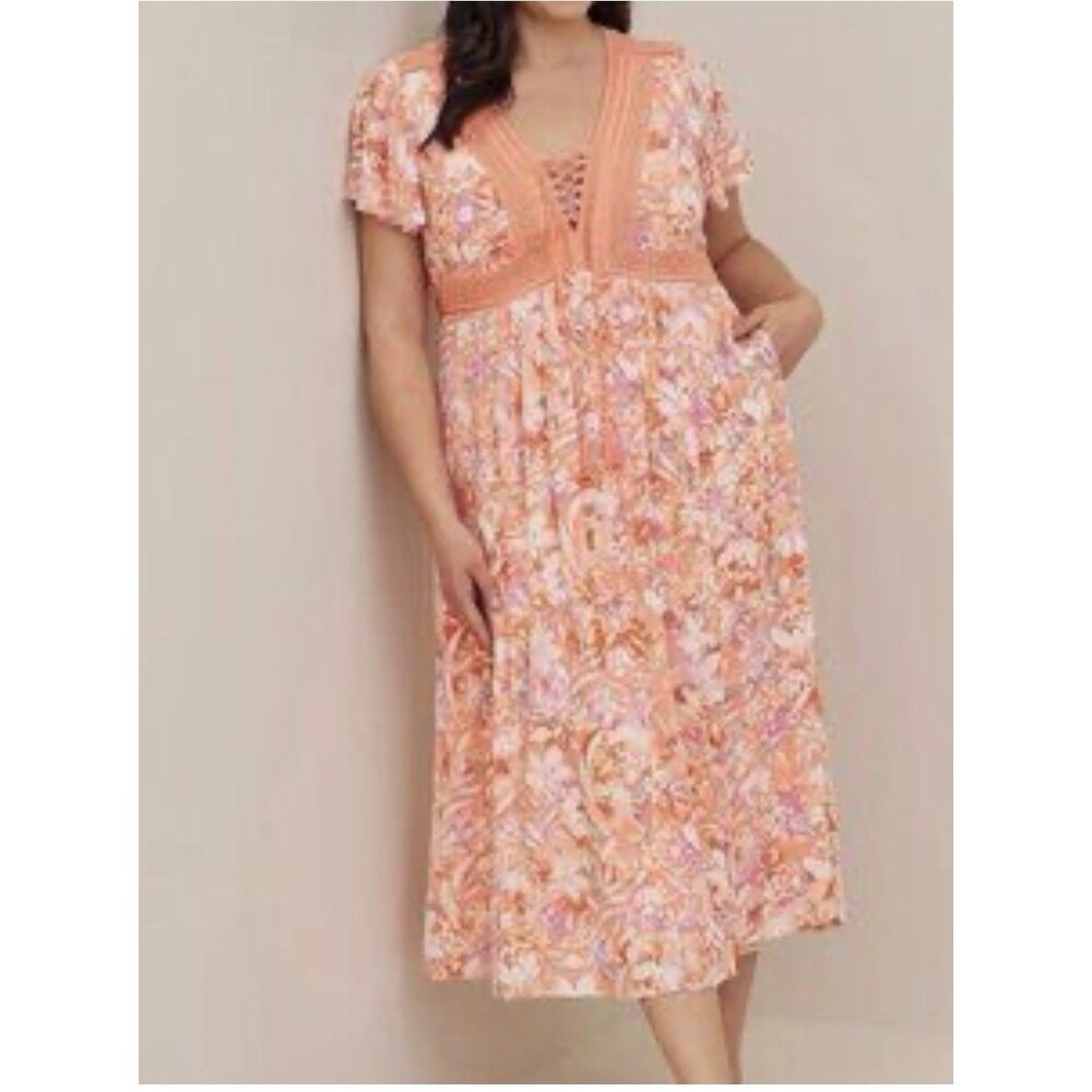 Torrid Crinkle Gauze Lace Up Tea Length Dress Floral Coral Short Sleeve Maxi 3